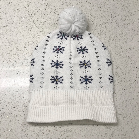 Kids Youth White & Navy Snowflake Pom Pom Beanie With Rainbow Dots - Picture 8 of 8